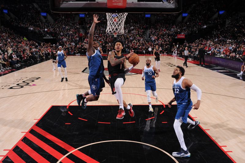 PORTLAND, OR - FEBRUARY 15: Anfernee Simons #1 of the Portland Trail Blazers drives to the basket during the game against the Minnesota Timberwolves on February 15, 2024 at the Moda Center Arena in Portland, Oregon. NOTE TO USER: User expressly acknowledges and agrees that, by downloading and or using this photograph, user is consenting to the terms and conditions of the Getty Images License Agreement. Mandatory Copyright Notice: Copyright 2024 NBAE (Photo by Cameron Browne/NBAE via Getty Images)