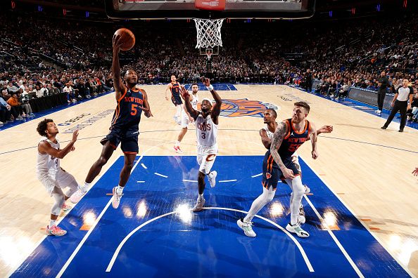 NEW YORK, NY - NOVEMBER 1: Immanuel Quickley #5 of the New York Knicks shoots the ball during the game against the Cleveland Cavaliers on November 1, 2023 at Madison Square Garden in New York City, New York.  NOTE TO USER: User expressly acknowledges and agrees that, by downloading and or using this photograph, User is consenting to the terms and conditions of the Getty Images License Agreement. Mandatory Copyright Notice: Copyright 2023 NBAE  (Photo by Nathaniel S. Butler/NBAE via Getty Images)