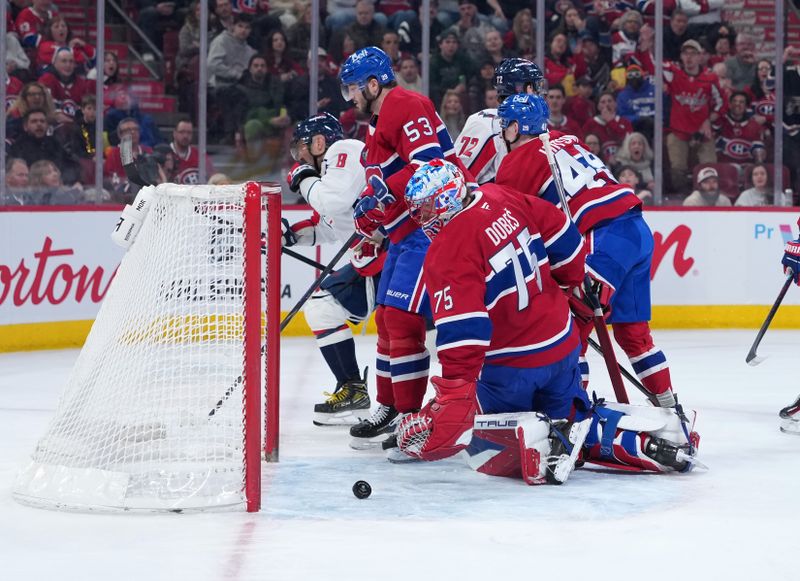 Feb 28, 2026; Montreal, Quebec, CAN; Washington Capitals forward Alex Ovechkin (8) scores a goal against Montreal Canadiens goalie Jakub Dobes (75) during the first period at the Bell Centre. Mandatory Credit: Eric Bolte-Imagn Images