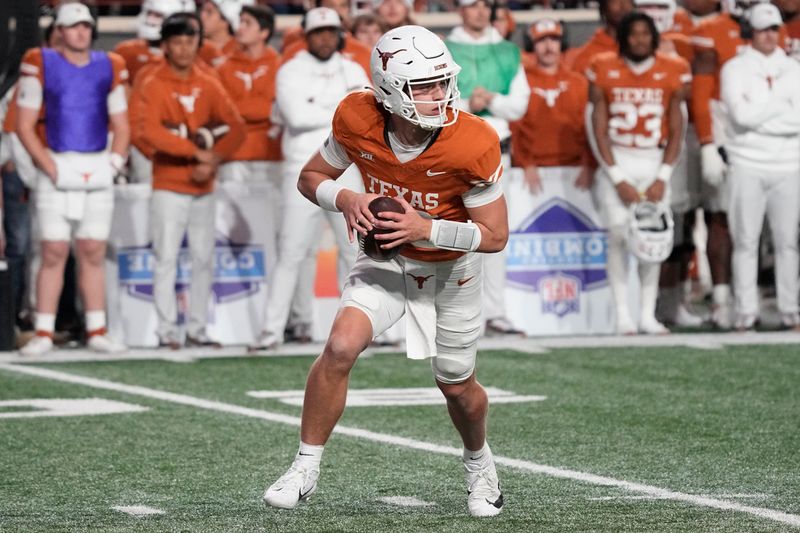 Nov 24, 2023; Austin, Texas, USA; Texas Longhorns quarterback Arch Manning (16) looks to pass the ball during the second half against the Texas Tech Red Raiders at Darrell K Royal-Texas Memorial Stadium. Mandatory Credit: Scott Wachter-USA TODAY Sports