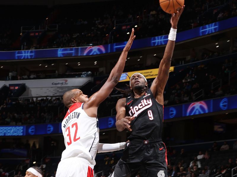 WASHINGTON, DC -? FEBRUARY 26: Jerami Grant #9 of the Portland Trail Blazers drives to basket against the Washington Wizards on February 26, 2025 at Capital One Arena in Washington, DC. NOTE TO USER: User expressly acknowledges and agrees that, by downloading and or using this Photograph, user is consenting to the terms and conditions of the Getty Images License Agreement. Mandatory Copyright Notice: Copyright 2025 NBAE (Photo by Kenny Giarla/NBAE via Getty Images)