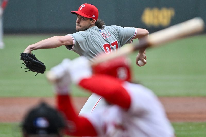 Apr 10, 2024; St. Louis, Missouri, USA;  Philadelphia Phillies starting pitcher Aaron Nola (27) pitches against St. Louis Cardinals left fielder Brendan Donovan (33) during the third inning at Busch Stadium. Mandatory Credit: Jeff Curry-USA TODAY Sports