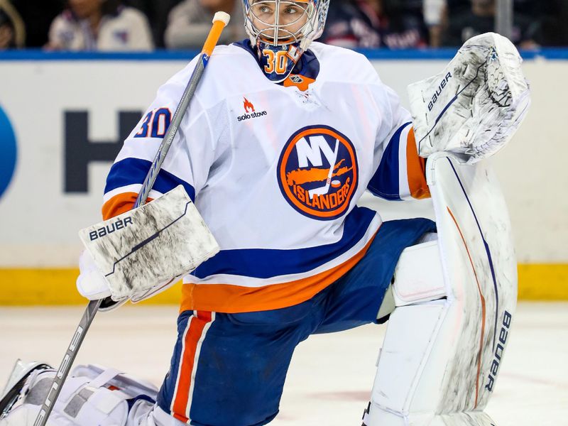 Nov 3, 2024; New York, New York, USA; New York Islanders goalie Ilya Sorokin (30) stretches during the third period against the New York Rangers at Madison Square Garden. Mandatory Credit: Danny Wild-Imagn Images