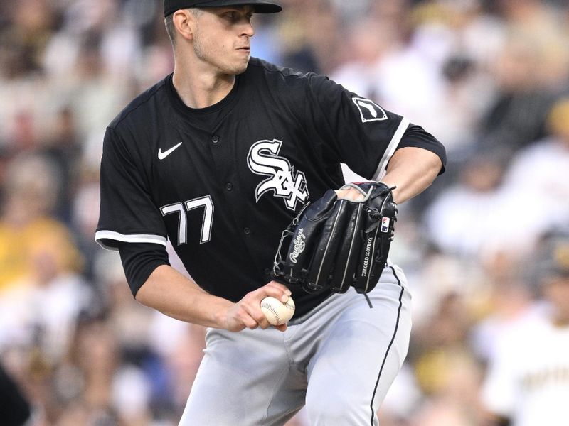 Sep 21, 2024; San Diego, California, USA; Chicago White Sox starting pitcher Chris Flexen (77) pitches against the San Diego Padres during the first inning at Petco Park. Mandatory Credit: Orlando Ramirez-Imagn Images