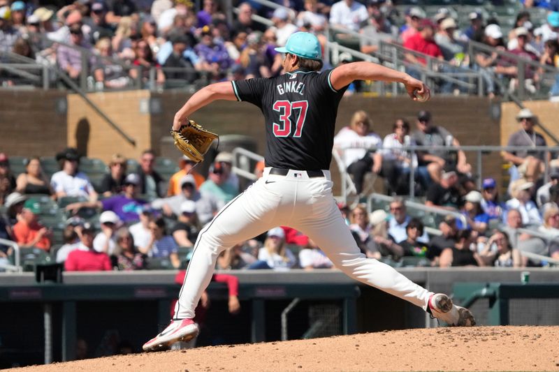 Mar 8, 2024; Salt River Pima-Maricopa, Arizona, USA; Arizona Diamondbacks relief pitcher Kevin Ginkel (37) throws against the Chicago Cubs in the fourth inning at Salt River Fields at Talking Stick. Mandatory Credit: Rick Scuteri-USA TODAY Sports