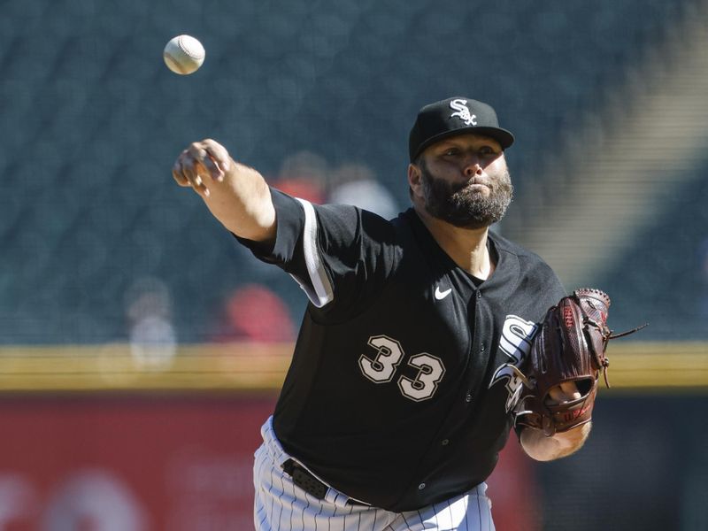 Apr 18, 2023; Chicago, Illinois, USA; Chicago White Sox starting pitcher Lance Lynn (33) delivers against the Philadelphia Phillies during the first inning of game one of the doubleheader at Guaranteed Rate Field. Mandatory Credit: Kamil Krzaczynski-USA TODAY Sports