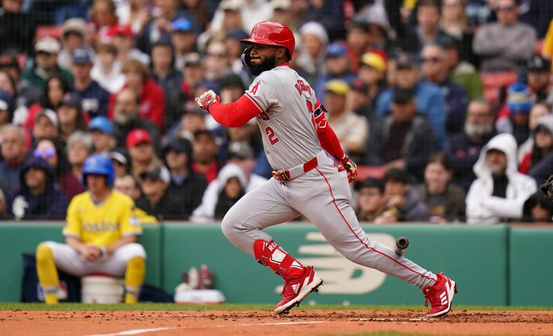 Apr 14, 2024; Boston, Massachusetts, USA; Los Angeles Angels second baseman Luis Rengifo (2) grounded into a fielders choice and drove in a run against the Boston Red Sox in the third inning at Fenway Park. Mandatory Credit: David Butler II-USA TODAY Sports