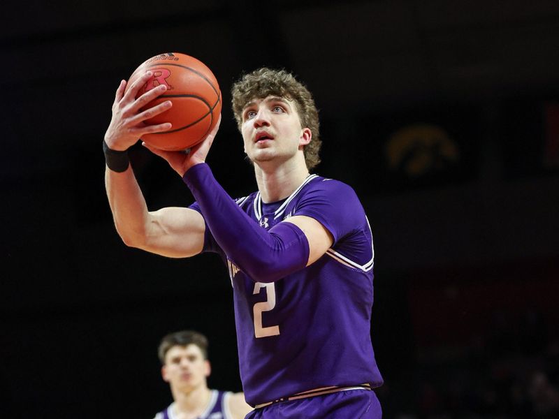 Feb 15, 2024; Piscataway, New Jersey, USA; Northwestern Wildcats forward Nick Martinelli (2) shoots a free throw during the first half against the Rutgers Scarlet Knights at Jersey Mike's Arena. Mandatory Credit: Vincent Carchietta-USA TODAY Sports