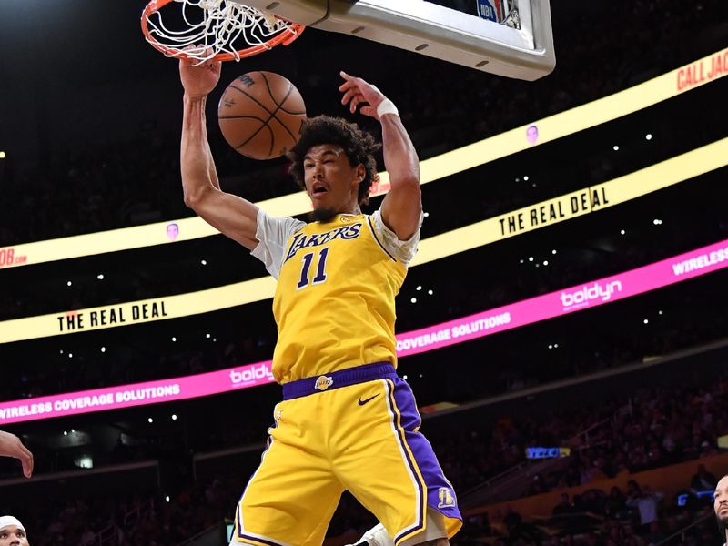 LOS ANGELES, CA - MARCH 6:  Jaxson Hayes #11 of the Los Angeles Lakers dunks the ball during the game against the New York Knicks on March 6, 2025 at Crypto.Com Arena in Los Angeles, California. NOTE TO USER: User expressly acknowledges and agrees that, by downloading and/or using this Photograph, user is consenting to the terms and conditions of the Getty Images License Agreement. Mandatory Copyright Notice: Copyright 2025 NBAE (Photo by Juan Ocampo/NBAE via Getty Images)