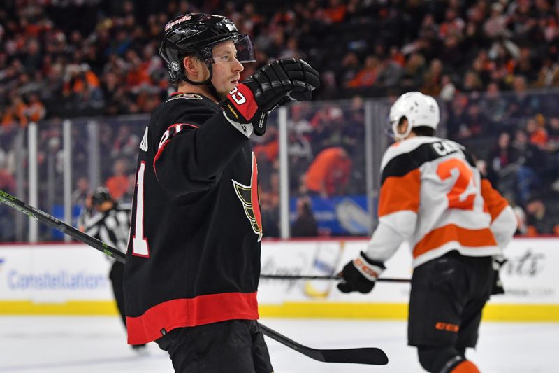 Mar 2, 2024; Philadelphia, Pennsylvania, USA; Ottawa Senators right wing Vladimir Tarasenko (91) celebrates his goal against the Philadelphia Flyers  during the second period at Wells Fargo Center. Mandatory Credit: Eric Hartline-USA TODAY Sports