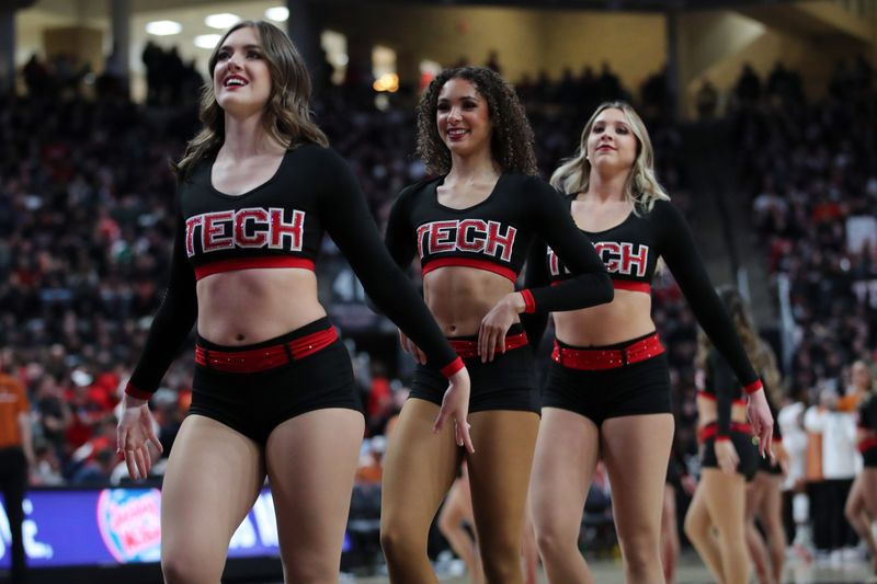 Feb 13, 2023; Lubbock, Texas, USA;  The Texas Tech Red Raiders pom squad on the court during the game against the Texas Longhorns in the second half at United Supermarkets Arena. Mandatory Credit: Michael C. Johnson-USA TODAY Sports