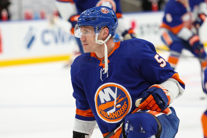 Mar 16, 2024; Elmont, New York, USA;  New York Islanders center Casey Cizikas (53) during warm-ups before the game against the Ottawa Senators at UBS Arena. Mandatory Credit: Thomas Salus-USA TODAY Sports