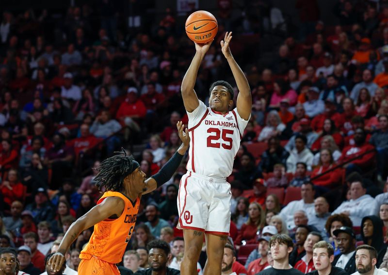 Feb 1, 2023; Norman, Oklahoma, USA; Oklahoma Sooners guard Grant Sherfield (25) shoots as Oklahoma State Cowboys guard Caleb Asberry (5) defends during the second half at Lloyd Noble Center. Mandatory Credit: Alonzo Adams-USA TODAY Sports