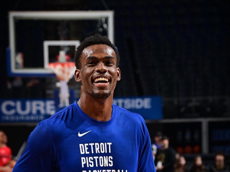 DETROIT, MI - MARCH 13: Jalen Duren #0 of the Detroit Pistons warms up before the game against the Toronto Raptors on March 13, 2024 at Little Caesars Arena in Detroit, Michigan. NOTE TO USER: User expressly acknowledges and agrees that, by downloading and/or using this photograph, User is consenting to the terms and conditions of the Getty Images License Agreement. Mandatory Copyright Notice: Copyright 2024 NBAE (Photo by Chris Schwegler/NBAE via Getty Images)