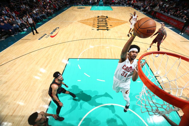 WASHINGTON, DC -? FEBRUARY 25: Jarrett Allen #31 of the Cleveland Cavaliers dunks the ball during the game against the Washington Wizards on February 25, 2024 at Capital One Arena in Washington, DC. NOTE TO USER: User expressly acknowledges and agrees that, by downloading and or using this Photograph, user is consenting to the terms and conditions of the Getty Images License Agreement. Mandatory Copyright Notice: Copyright 2024 NBAE (Photo by Stephen Gosling/NBAE via Getty Images)