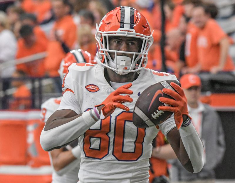 Sep 30, 2023; Syracuse, New York, USA; Clemson Tigers wide receiver Beaux Collins (80) warms up before the game against the Syracuse Orange at JMA Wireless Dome. Mandatory Credit: Ken Ruinard-USA TODAY Sports

