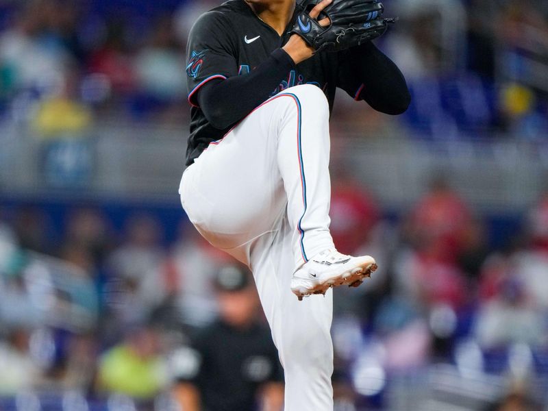 Aug 16, 2023; Miami, Florida, USA; Miami Marlins starting pitcher Jesus Luzardo (44) throws a pitch against the Houston Astros during the first inning at loanDepot Park. Mandatory Credit: Rich Storry-USA TODAY Sports