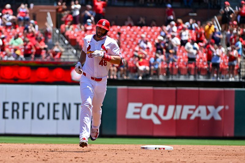 Jun 13, 2024; St. Louis, Missouri, USA;  St. Louis Cardinals first baseman Paul Goldschmidt (46) runs the bases after hitting a two run home run against the Pittsburgh Pirates during the third inning at Busch Stadium. Mandatory Credit: Jeff Curry-USA TODAY Sports