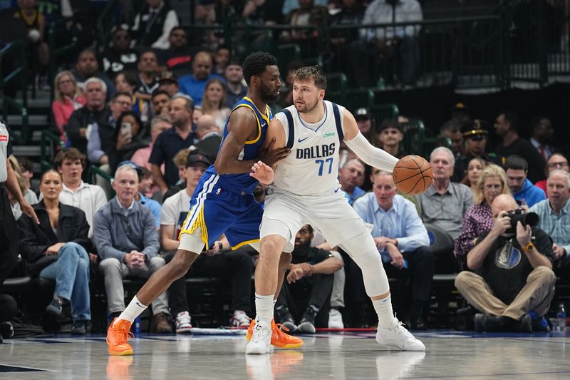 DALLAS, TX - MARCH 13: Luka Doncic #77 of the Dallas Mavericks handles the ball during the game against the Golden State Warriors on March 13, 2024 at the American Airlines Center in Dallas, Texas. NOTE TO USER: User expressly acknowledges and agrees that, by downloading and or using this photograph, User is consenting to the terms and conditions of the Getty Images License Agreement. Mandatory Copyright Notice: Copyright 2024 NBAE (Photo by Glenn James/NBAE via Getty Images)