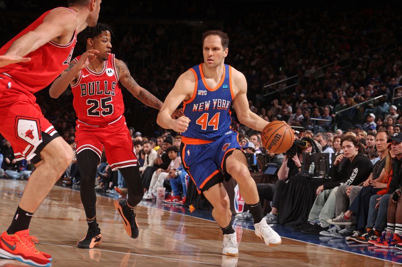 NEW YORK, NY - APRIL 14:  Bojan Bogdanovic #44 of the New York Knicks dribbles the ball during the game against the Chicago Bulls on April 14, 2024 at Madison Square Garden in New York City, New York.  NOTE TO USER: User expressly acknowledges and agrees that, by downloading and or using this photograph, User is consenting to the terms and conditions of the Getty Images License Agreement. Mandatory Copyright Notice: Copyright 2024 NBAE  (Photo by Nathaniel S. Butler/NBAE via Getty Images)