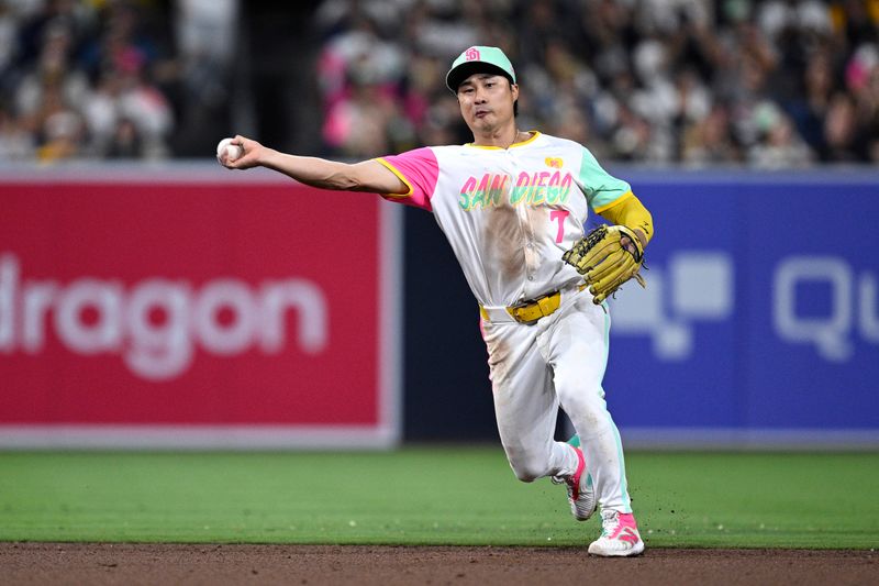 Jun 21, 2024; San Diego, California, USA; San Diego Padres shortstop Ha-Seong Kim (7) throws to first base on a ground out by Milwaukee Brewers third baseman Joey Ortiz (not pictured) during the eighth inning at Petco Park. Mandatory Credit: Orlando Ramirez-USA TODAY Sports