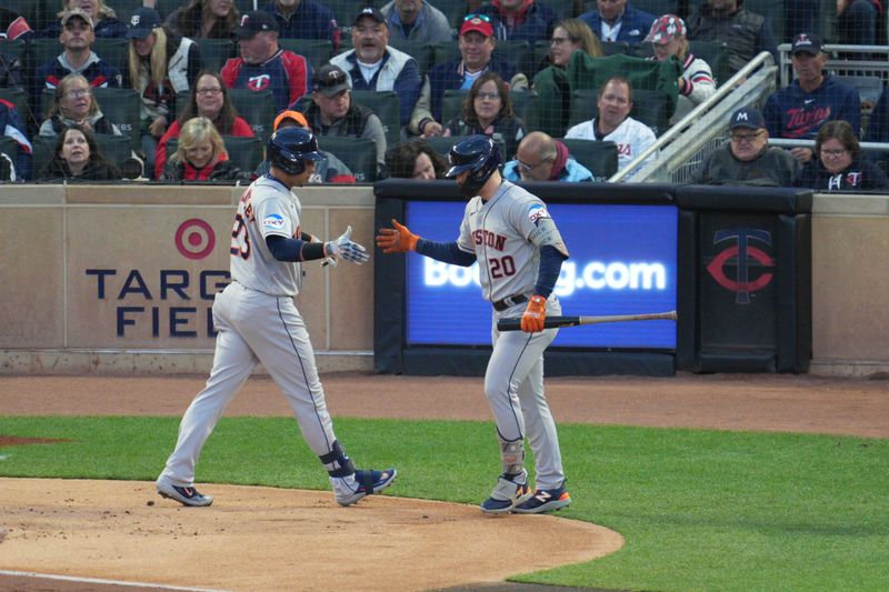 Oct 11, 2023; Minneapolis, Minnesota, USA; Houston Astros designated hitter Michael Brantley (23) celebrates with Houston Astros center fielder Chas McCormick (20) after hitting a solo home-run in the second inning during game four of the ALDS for the 2023 MLB playoffs at Target Field. Mandatory Credit: Matt Blewett-USA TODAY Sports