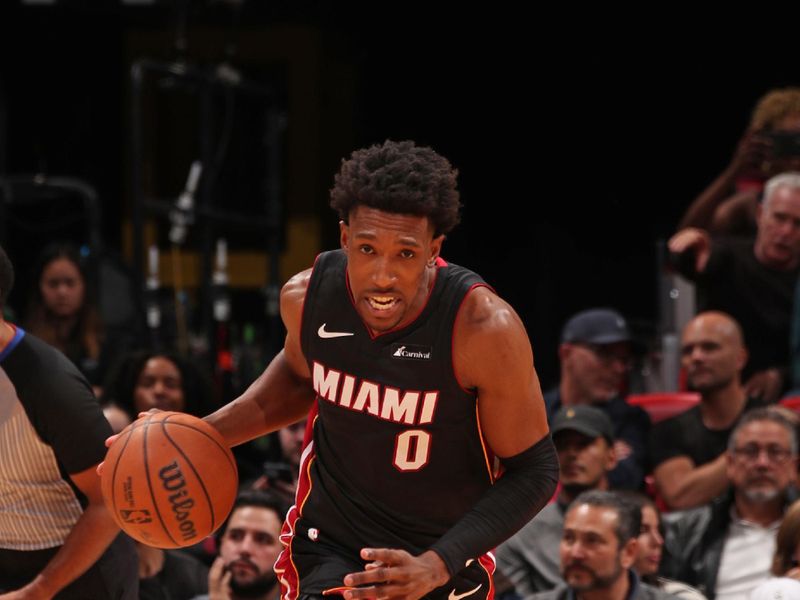 MIAMI, FL - FEBRUARY 6: Josh Richardson #0 of the Miami Heat dribbles the ball during the game against the Orlando Magic on February 6, 2024 at Kaseya Center in Miami, Florida. NOTE TO USER: User expressly acknowledges and agrees that, by downloading and or using this Photograph, user is consenting to the terms and conditions of the Getty Images License Agreement. Mandatory Copyright Notice: Copyright 2024 NBAE (Photo by Issac Baldizon/NBAE via Getty Images)