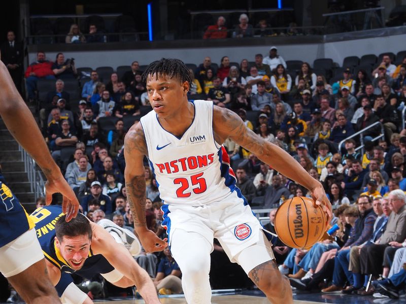 INDIANAPOLIS, IN - FEBRUARY 22:  Marcus Sasser #25 of the Detroit Pistons handles the ball during the game  on February 22, 2024 at Gainbridge Fieldhouse in Indianapolis, Indiana. NOTE TO USER: User expressly acknowledges and agrees that, by downloading and or using this Photograph, user is consenting to the terms and conditions of the Getty Images License Agreement. Mandatory Copyright Notice: Copyright 2024 NBAE (Photo by Ron Hoskins/NBAE via Getty Images)