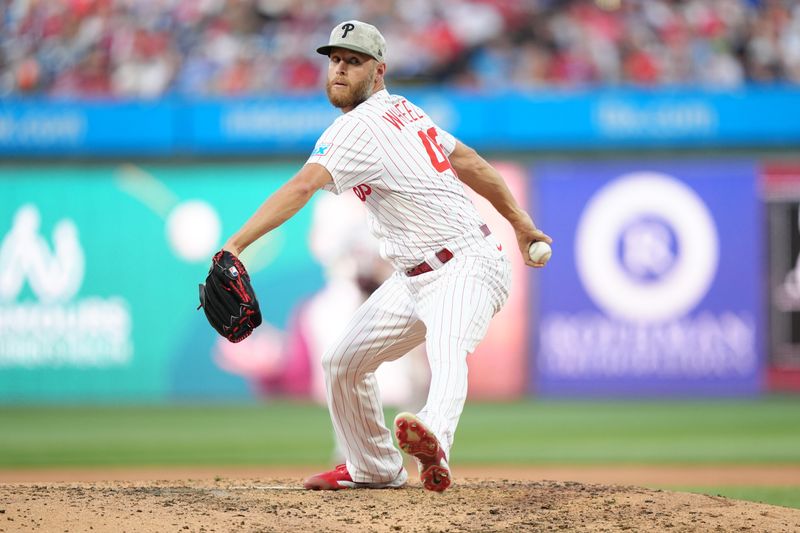 May 17, 2025; Philadelphia, Pennsylvania, USA; Philadelphia Phillies starting pitcher Zack Wheeler (45) throws a pitch against the Pittsburgh Pirates in the fifth inning at Citizens Bank Park. Mandatory Credit: Kyle Ross-Imagn Images