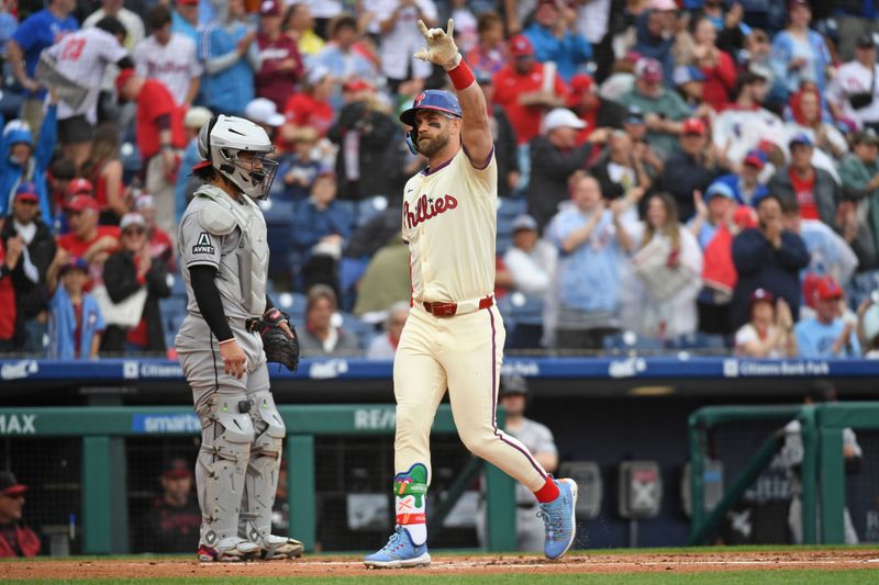 May 4, 2025; Philadelphia, Pennsylvania, USA; Philadelphia Phillies first base Bryce Harper (3) celebrates his home run during the first inning against the Arizona Diamondbacks at Citizens Bank Park. Mandatory Credit: Eric Hartline-Imagn Images