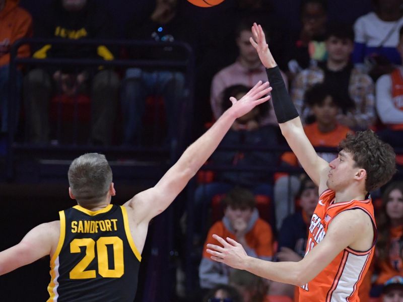 Feb 24, 2024; Champaign, Illinois, USA;  Illinois Fighting Illini guard Niccolo Moretti (11) shoots the ball over Iowa Hawkeyes forward Payton Sandfort (20) during the second half at State Farm Center. Mandatory Credit: Ron Johnson-USA TODAY Sports