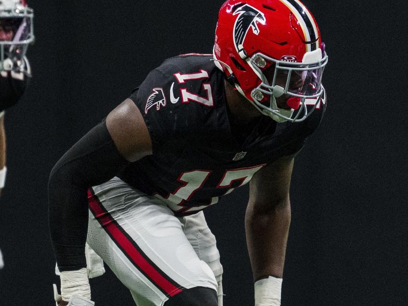 Atlanta Falcons linebacker Arnold Ebiketie (17) lines up during the second half of an NFL football game against the Washington Commanders, Sunday, Oct. 15, 2023, in Atlanta. The Washington Commanders won 24-16. (AP Photo/Danny Karnik)