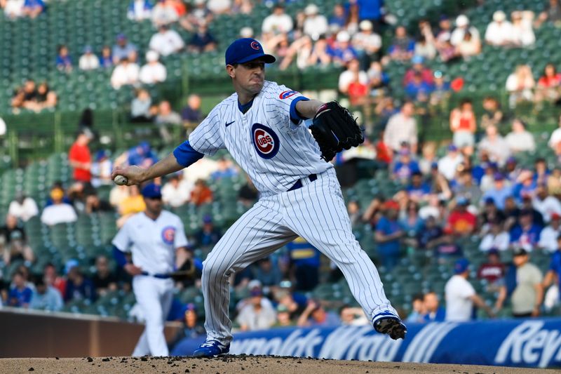 May 30, 2023; Chicago, Illinois, USA;  Chicago Cubs starting pitcher Kyle Hendricks (28) delivers against the Tampa Bay Rays during the first inning at Wrigley Field. Mandatory Credit: Matt Marton-USA TODAY Sports