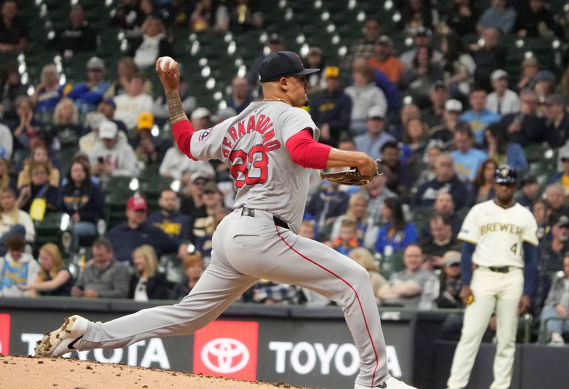 May 27, 2025; Milwaukee, Wisconsin, USA; Boston Red Sox pitcher Brennan Bernardino (83) delivers a pitch abasing the Milwaukee Brewers in the fourth inning  at American Family Field. Mandatory Credit: Michael McLoone-Imagn Images