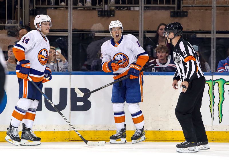 Sep 24, 2024; New York, New York, USA; New York Islanders center Mathew Barzal (13) reacts to his second goal of the game against the New York Rangers during the second period at Madison Square Garden. Mandatory Credit: Danny Wild-Imagn Images