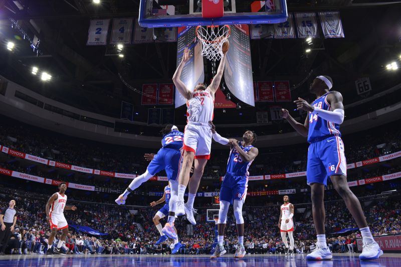 PHILADELPHIA, PA - JANUARY 15: Jock Landale #2 of the Houston Rockets drives to the basket during the game against the Philadelphia 76ers on January 15, 2024 at the Wells Fargo Center in Philadelphia, Pennsylvania NOTE TO USER: User expressly acknowledges and agrees that, by downloading and/or using this Photograph, user is consenting to the terms and conditions of the Getty Images License Agreement. Mandatory Copyright Notice: Copyright 2024 NBAE (Photo by Jesse D. Garrabrant/NBAE via Getty Images)