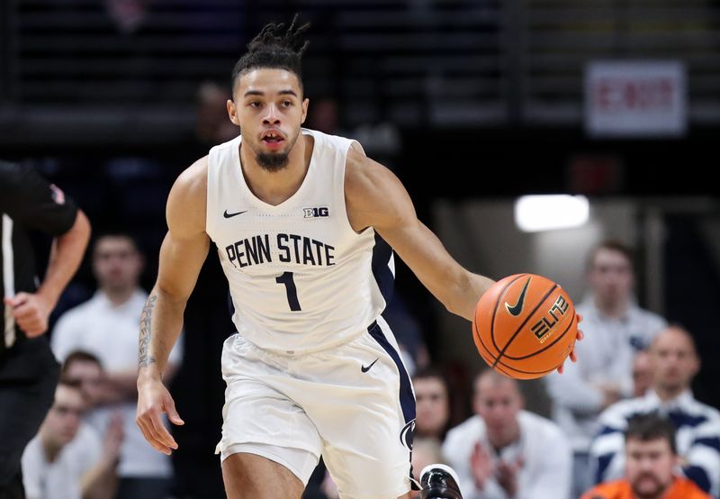 Feb 14, 2023; University Park, Pennsylvania, USA; Penn State Nittany Lions guard/forward Seth Lundy (1) dribbles the ball during the first half against the Illinois Fighting Illini at Bryce Jordan Center. Mandatory Credit: Matthew OHaren-USA TODAY Sports