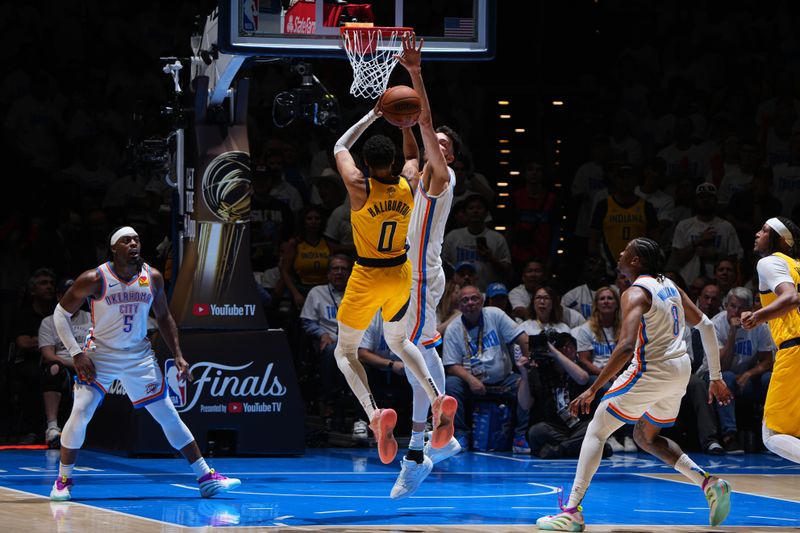 OKLAHOMA CITY, OK - JUNE 5:  Tyrese Haliburton #0 of the Indiana Pacers shoots the ball during the game against the Oklahoma City Thunder during Game One of the 2025 NBA Finals on June 5, 2025 at Paycom Center in Oklahoma City, Oklahoma. NOTE TO USER: User expressly acknowledges and agrees that, by downloading and or using this photograph, User is consenting to the terms and conditions of the Getty Images License Agreement. Mandatory Copyright Notice: Copyright 2025 NBAE (Photo by /NBAE via Getty Images)