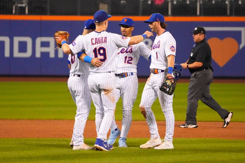 Jul 2, 2023; New York City, New York, USA; New York Mets  Mark Canha (19) and second baseman Luis Guillorme (13) and shortstop Francisco Lindor (12) and second baseman Jeff McNeil (1) celebrate the victory after the game against the San Francisco Giants at Citi Field. Mandatory Credit: Gregory Fisher-USA TODAY Sports