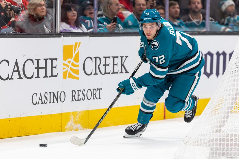 Nov 18, 2024; San Jose, California, USA; San Jose Sharks left wing William Eklund (72) skates with the puck during the second period against the Detroit Red Wings at SAP Center at San Jose. Mandatory Credit: Bob Kupbens-Imagn Images