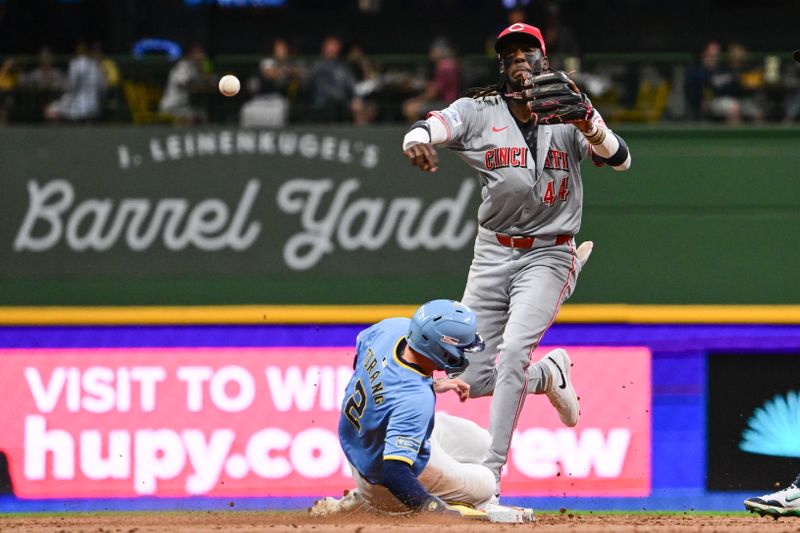 Jun 14, 2024; Milwaukee, Wisconsin, USA; Cincinnati Reds shortstop Elly De La Cruz (44) attempts a double play after forcing out Milwaukee Brewers  second baseman Brice Turang (2) at second base in the fifth inning at American Family Field. Mandatory Credit: Benny Sieu-USA TODAY Sports