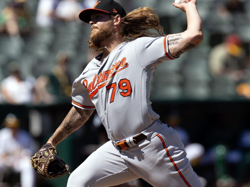 Aug 20, 2023; Oakland, California, USA; Baltimore Orioles pitcher Nick Vespi (79) delivers a pitch against the Oakland Athletics during the seventh inning at Oakland-Alameda County Coliseum. Mandatory Credit: D. Ross Cameron-USA TODAY Sports