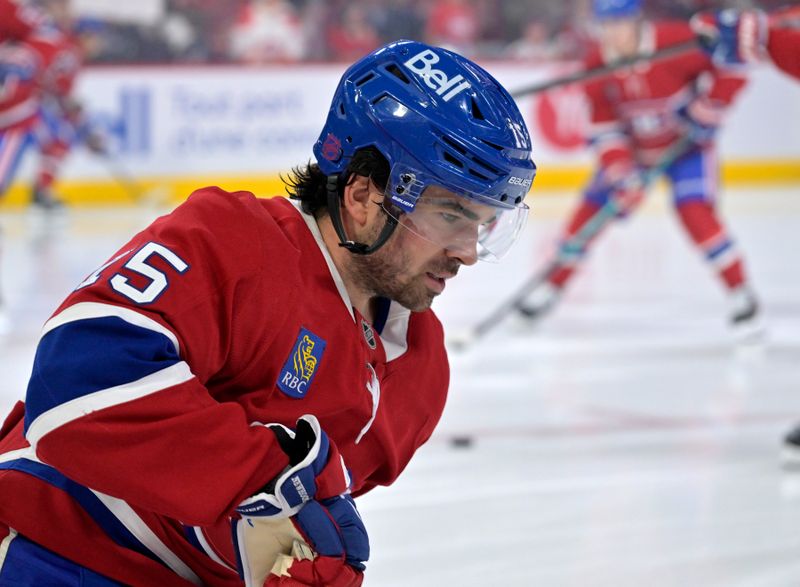 Oct 18, 2025; Montreal, Quebec, CAN; Montreal Canadiens forward Alex Newhook (15) skates during the warmup period before the game against the New York Rangers at the Bell Centre. Mandatory Credit: Eric Bolte-Imagn Images