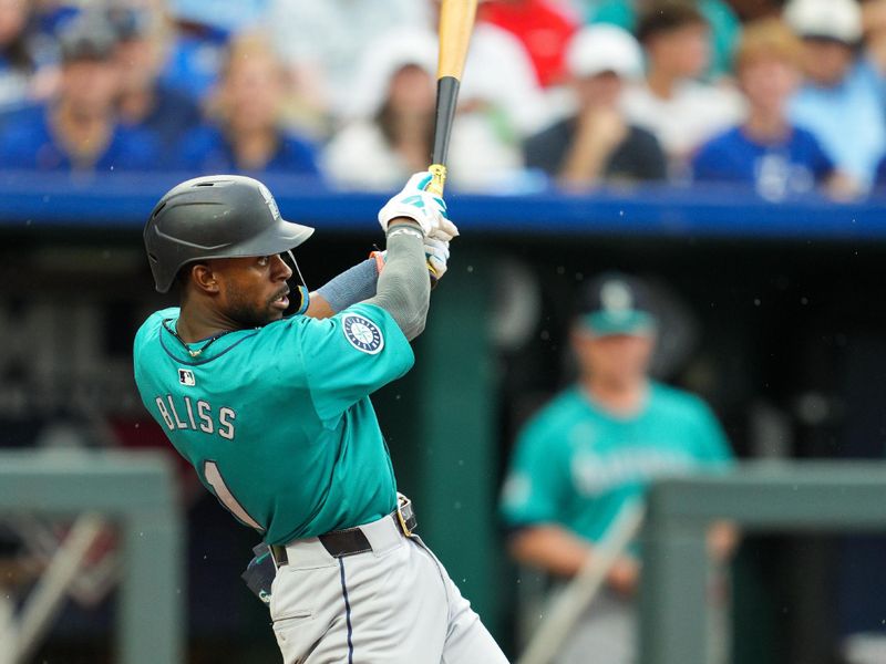 Jun 7, 2024; Kansas City, Missouri, USA; Seattle Mariners second baseman Ryan Bliss (1) hits a home run during the first inning against the Kansas City Royals at Kauffman Stadium. Mandatory Credit: Jay Biggerstaff-USA TODAY Sports