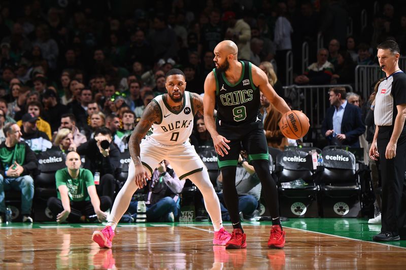 BOSTON, MA - MARCH 20: Derrick White #9 of the Boston Celtics handles the ball during the game against the Milwaukee Bucks on March 20, 2024 at the TD Garden in Boston, Massachusetts. NOTE TO USER: User expressly acknowledges and agrees that, by downloading and or using this photograph, User is consenting to the terms and conditions of the Getty Images License Agreement. Mandatory Copyright Notice: Copyright 2024 NBAE  (Photo by Brian Babineau/NBAE via Getty Images)