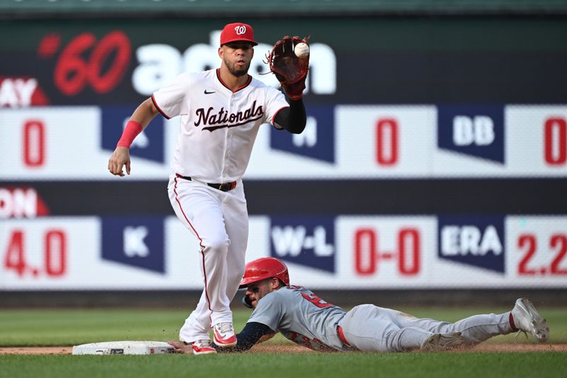 Jul 8, 2024; Washington, District of Columbia, USA; Washington Nationals second baseman Luis Garcia Jr. (2) fields the ball in front of St. Louis Cardinals center fielder Michael Siani (63) during the ninth inning at Nationals Park. Mandatory Credit: Rafael Suanes-USA TODAY Sports