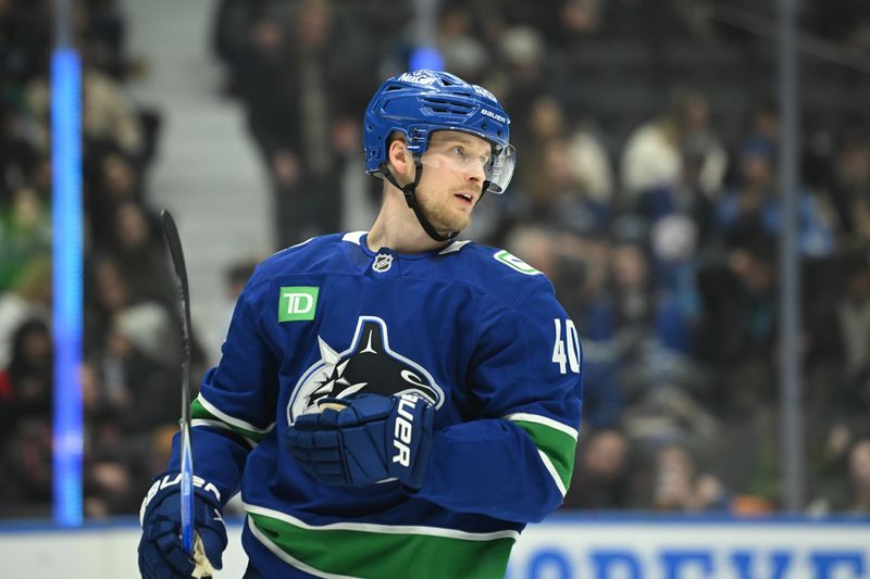 Feb 25, 2026; Vancouver, British Columbia, CAN;  Vancouver Canucks center Elias Pettersson (40) awaits the start of play  during the third period against the Winnipeg Jets at Rogers Arena. Mandatory Credit: Simon Fearn-Imagn Images