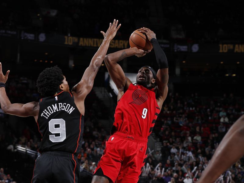 PORTLAND, OR - FEBRUARY 8: Jerami Grant #9 of the Portland Trail Blazers shoots the ball during the game against the Detroit Pistons on February 8, 2024 at the Moda Center Arena in Portland, Oregon. NOTE TO USER: User expressly acknowledges and agrees that, by downloading and or using this photograph, user is consenting to the terms and conditions of the Getty Images License Agreement. Mandatory Copyright Notice: Copyright 2024 NBAE (Photo by Cameron Browne/NBAE via Getty Images)