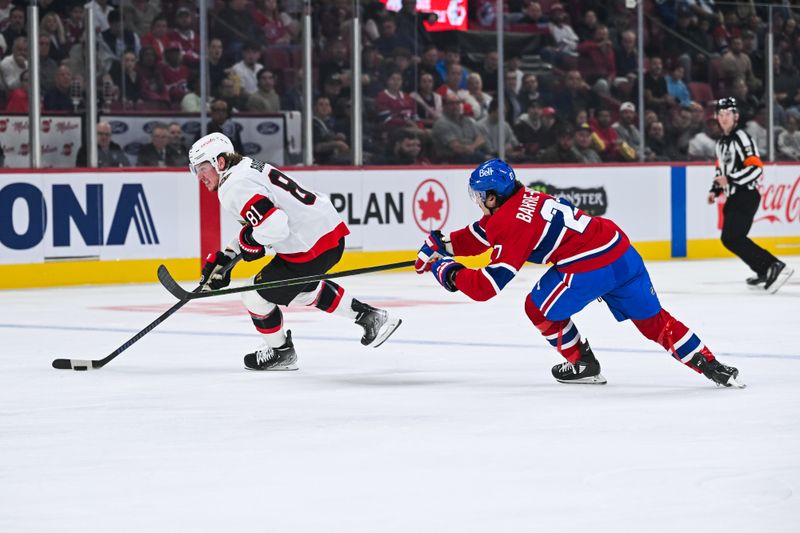 Oct 1, 2024; Montreal, Quebec, CAN; Montreal Canadiens center Alex Barre-Boulet (27) extends his stick in an attempt to defend against Ottawa Senators right wing Adam Gaudette (81) during the first period at Bell Centre. Mandatory Credit: David Kirouac-Imagn Images