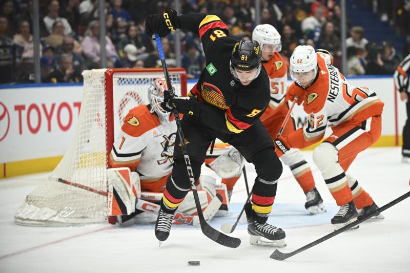 Apr 5, 2025; Vancouver, British Columbia, CAN;  Vancouver Canucks forward Dakota Joshua (81) controls the puck against Anaheim Ducks forward Nikita Nesterenko (62) during the second period at Rogers Arena. Mandatory Credit: Anne-Marie Sorvin-Imagn Images